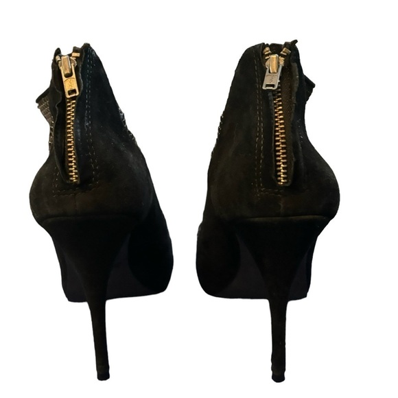 Elizabeth and James Black Suede Silver Metallic Peep Toe Heeled Booties Size 7.5 - Picture 8 of 9